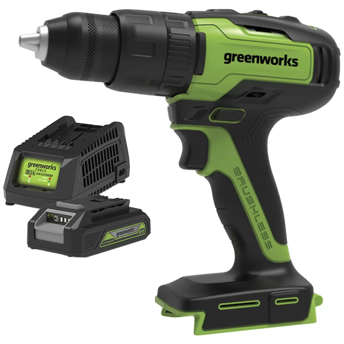 Greenworks 24V Brushless Hammer Drill Kit With 2Ah Battery And Fast Charger
