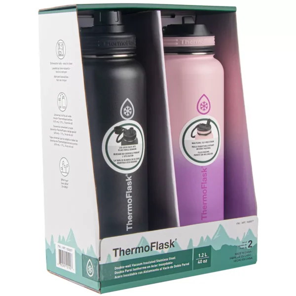 ThermoFlask Stainless Steel Bottle 1.18L 2 Pack Black Rose Purple